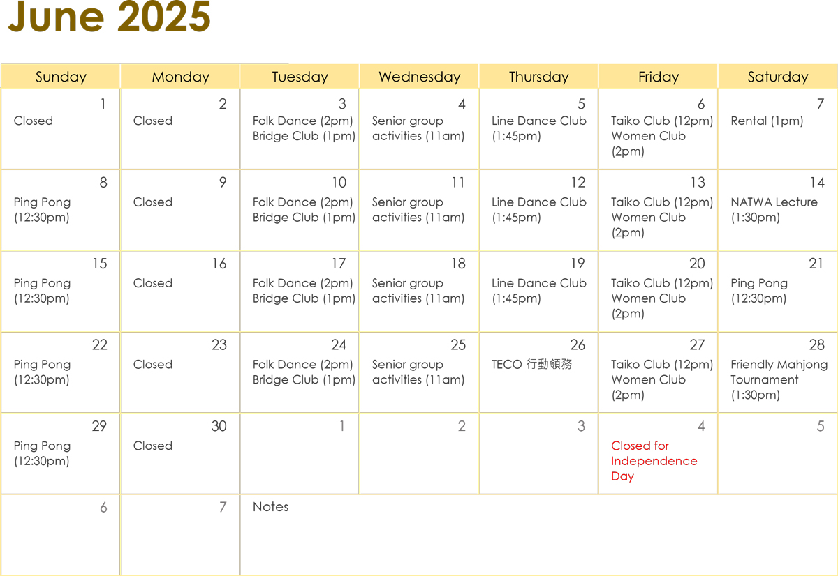 TACC San Diego monthly calendar